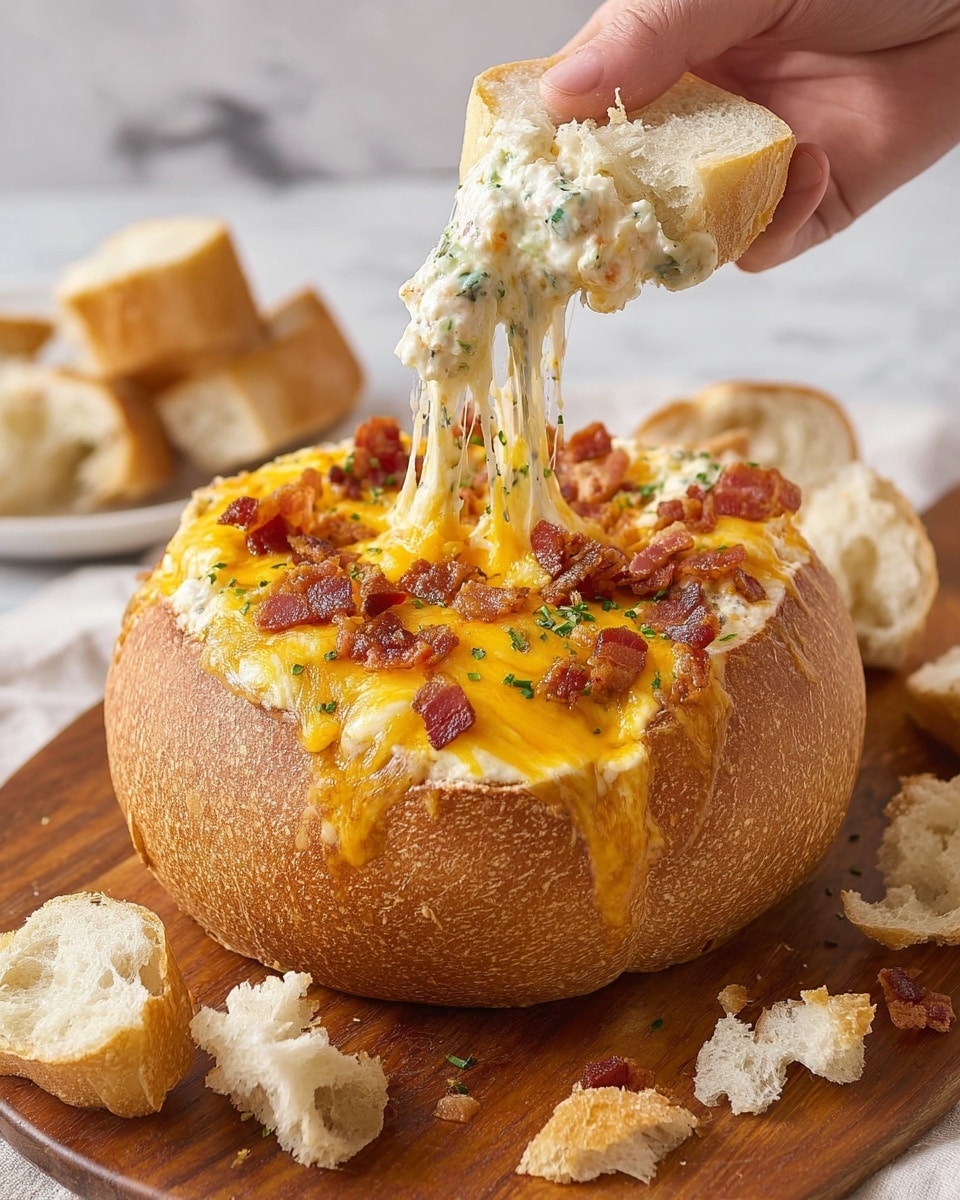 A round bread bowl filled with creamy, melted cheese dip that has two layers: the top layer is a bright yellow-orange cheddar cheese with small brown bits of crispy bacon scattered on it, and the bottom layer is a white cheesy dip mixed with small green herbs. A woman's hand is lifting a portion of the dip, showing long stretchy cheese strands. The bread bowl sits on a wooden board with torn pieces of bread around it. The background is a white marbled surface. photo taken with an iphone --ar 4:5 --v 7