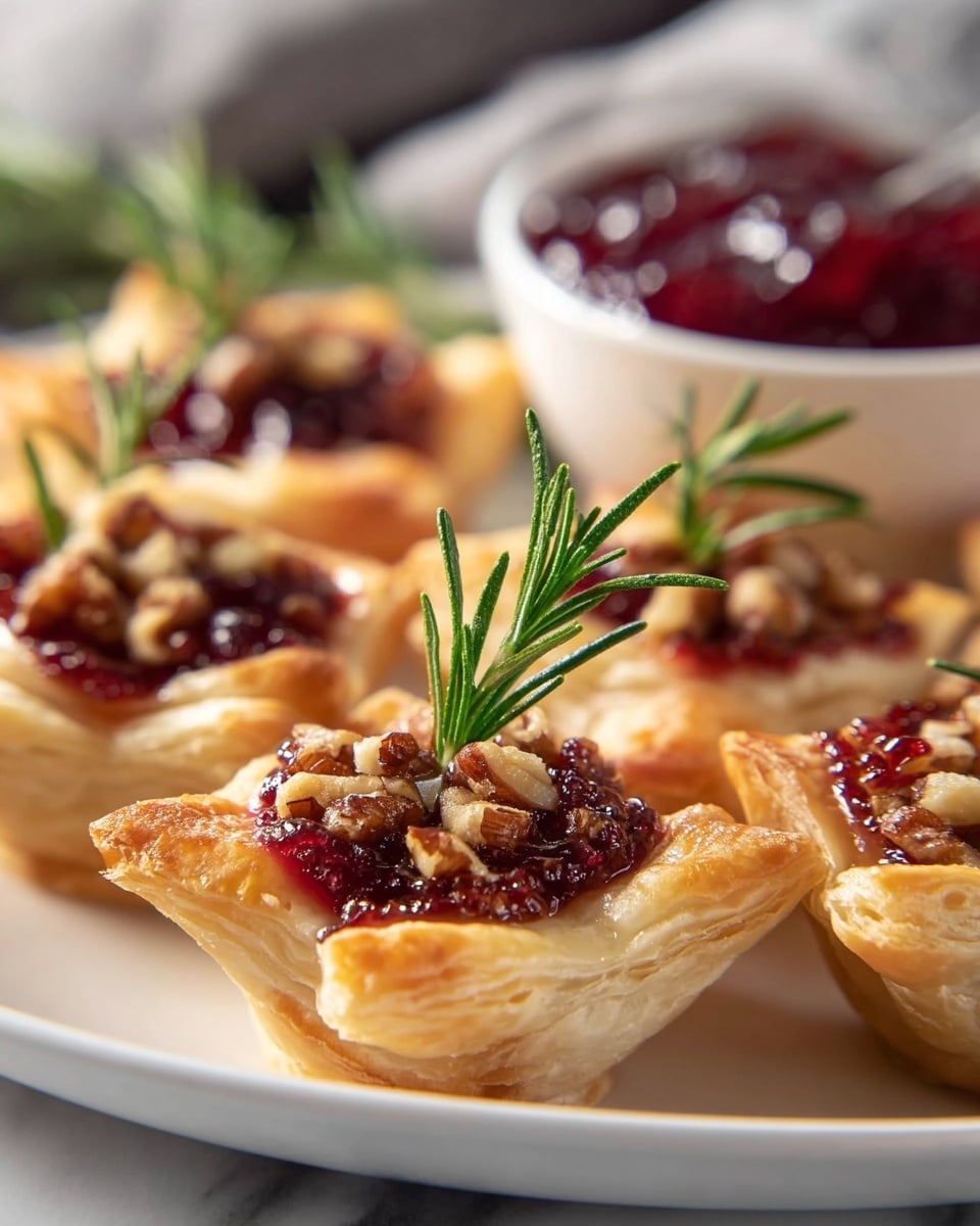 The image shows several small tartlets arranged on a white plate with a white marbled surface underneath. Each tartlet has a golden, flaky puff pastry crust forming a cup shape, filled with a deep red jam-like filling. On top of the filling, there are small pieces of chopped nuts scattered, adding a crunchy texture. A fresh green rosemary sprig decorates each tartlet, standing out against the red filling and golden crust. In the background, there is a white bowl with more of the red jam, partially out of focus. The lighting highlights the crisp edges and shiny surface of the tarts, making them look fresh and appetizing. photo taken with an iphone --ar 4:5 --v 7