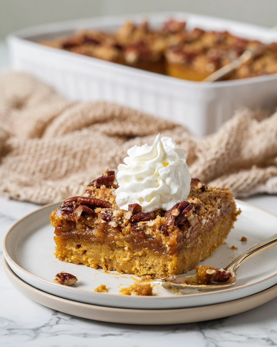 A slice of pecan-topped dessert bar is placed on a white plate, showing three clear layers: a dense, golden-brown base, a soft middle with a lighter caramel color, and a crumbly, crunchy top layer loaded with chopped pecans in deep brown shades. On top of the slice sits a swirl of white whipped cream with a smooth texture. Behind the plate, part of the baking dish holding more dessert bars is visible, and a beige textured cloth is softly folded nearby, all resting on a white marbled surface. A spoon with some crumbs on it is also on the plate next to the dessert slice. Photo taken with an iphone --ar 4:5 --v 7