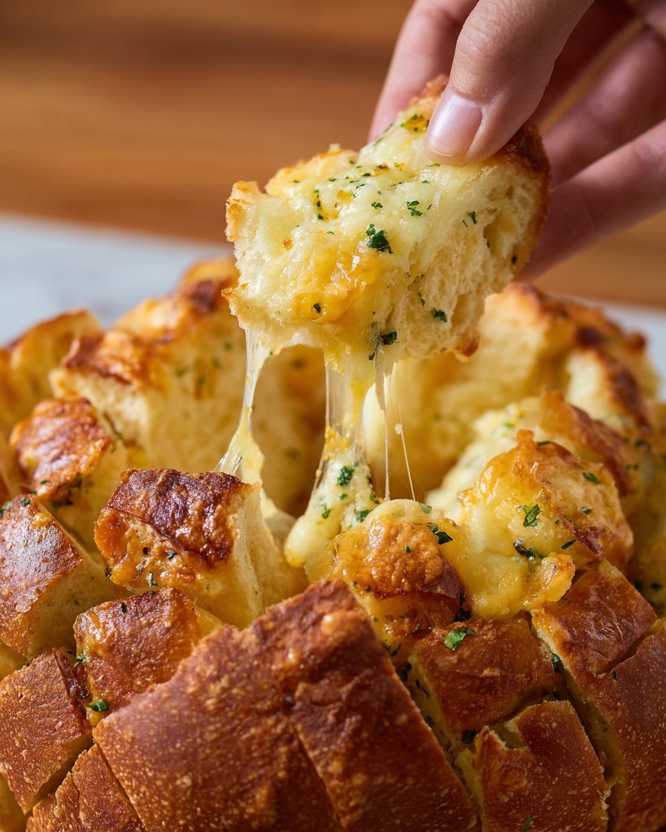 A close-up shows a woman's hand pulling a piece of garlic cheese bread from a round white bread loaf. The bread is cut into many thick sections, with a golden brown crust on the outside and soft, fluffy yellow inside mixed with melted cheese and small green herb bits. The cheese stretches in thin long lines as the piece is lifted, showing a gooey texture inside the bread. The background is warm and wooden, and the whole loaf rests on a white marbled surface photo taken with an iphone --ar 4:5 --v 7