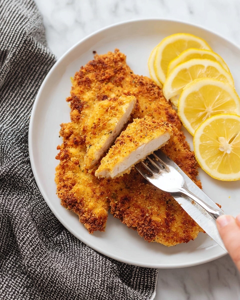 The image shows a white plate with three pieces of golden-brown crispy breaded chicken placed on the top half of the plate. The chicken pieces have a crunchy texture with evenly browned breading. On the bottom half of the plate, there is a serving of green beans coated with a light crumb topping that adds a slightly rough texture. Next to the green beans, on the right side, there are two lemon wedges with bright yellow skin and juicy interiors. The plate is placed on a white marbled surface, with a white and gray patterned cloth napkin partially visible at the top left and a pair of gold-toned utensils near the top right. photo taken with an iphone --ar 4:5 --v 7