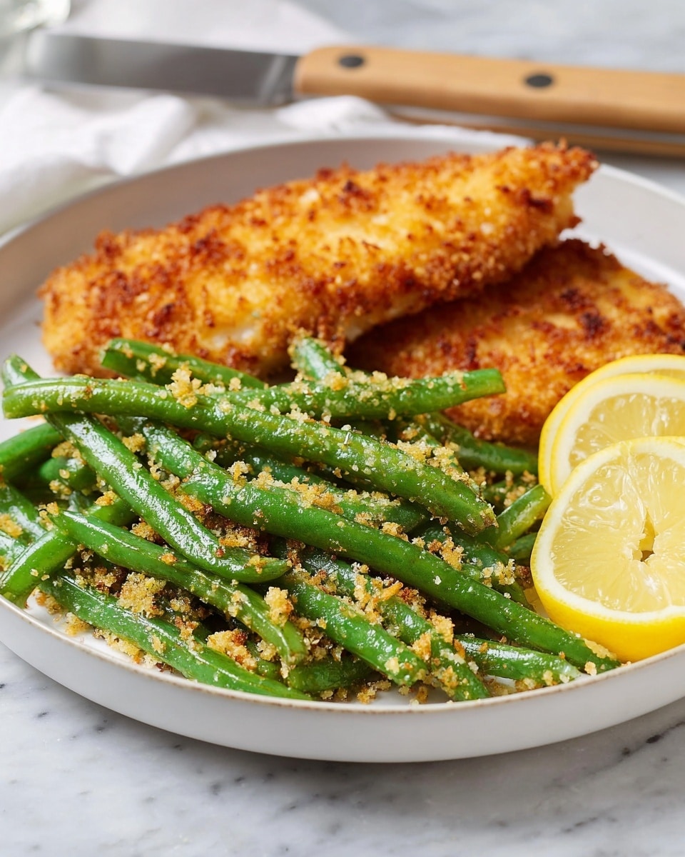 A white plate holds a crispy golden-brown breaded cutlet on the left side, topped with two bright yellow lemon wedges placed near its top edge. On the right side of the plate, there is a serving of green beans mixed with small bits of light-colored seasoning or crumbs. The plate sits on a white marbled surface with a black and white patterned cloth partially visible underneath. photo taken with an iphone --ar 4:5 --v 7