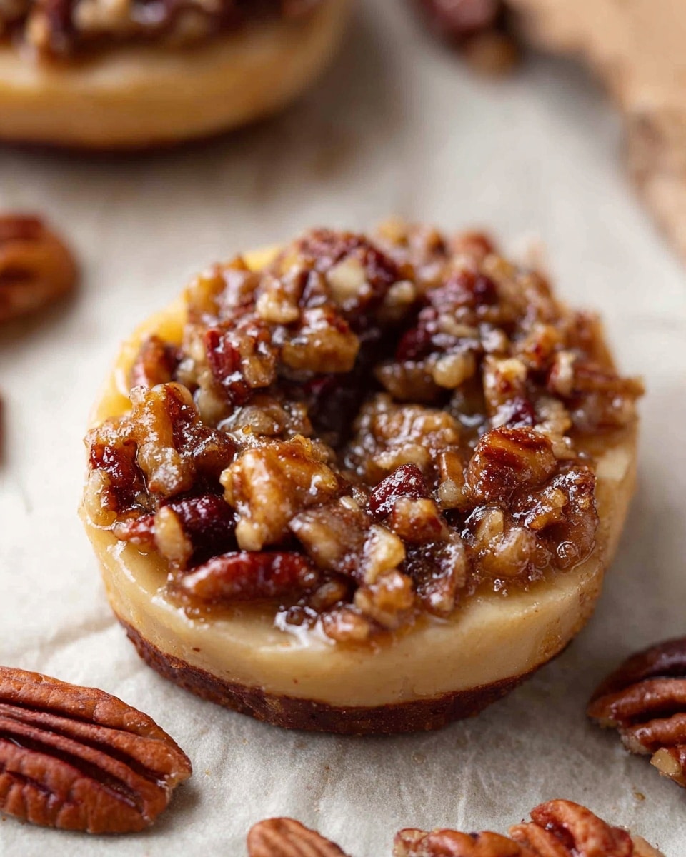 A close-up of a small round pastry with two layers: the bottom layer is a dark brown base, and the top layer is a light beige dough ring filled with a shiny, sticky mixture of chopped brown nuts. The nuts look caramelized and have a chunky texture. The pastry sits on a sheet of parchment paper scattered with whole brown pecans, all on a white marbled surface. Photo taken with an iphone --ar 4:5 --v 7