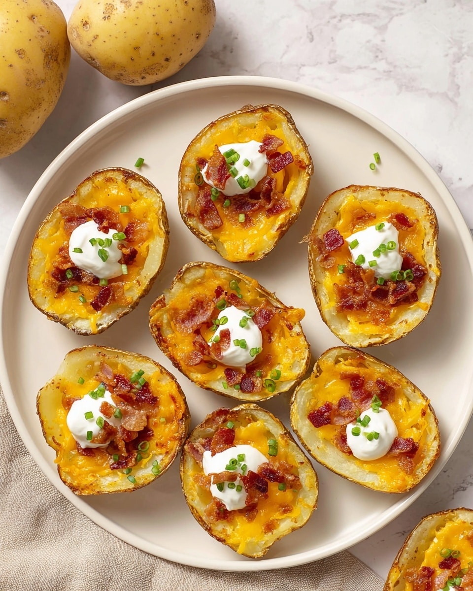 A white round plate holds six potato skins arranged in a loose circle on a white marbled surface. Each potato skin has a golden-brown crispy outer edge and a soft, yellow interior. Inside, there is a layer of melted orange cheddar cheese topped with small, scattered pieces of crispy dark red bacon. In the center of each skin, a dollop of white sour cream is placed, garnished with small green chives. In the top left corner of the image, three whole raw potatoes are visible. The overall look is warm and inviting, with clear textures of crispy, creamy, and melted elements. Photo taken with an iphone --ar 4:5 --v 7