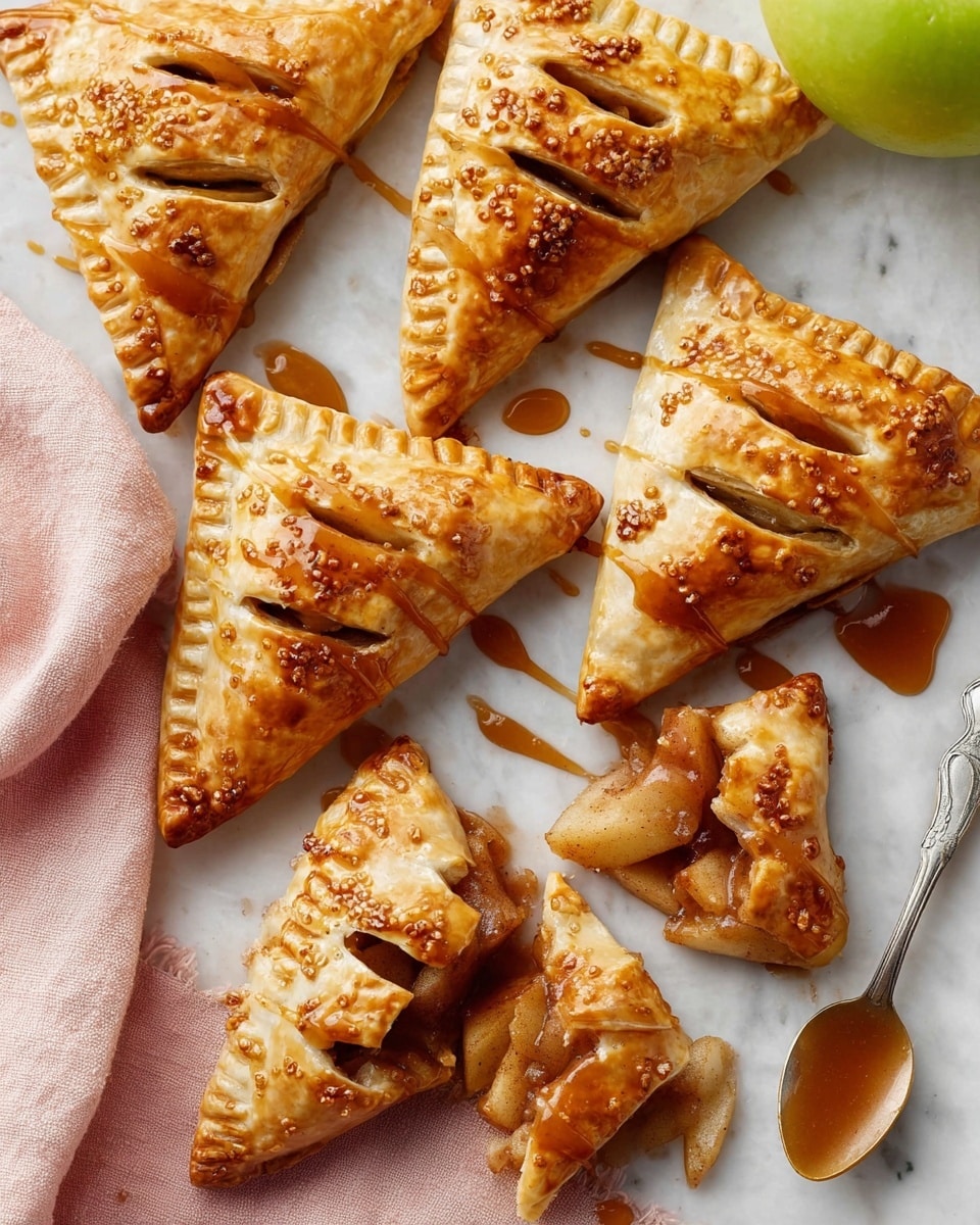 A group of golden-brown triangular pastries with textured edges are arranged closely on a white marbled surface. Each pastry has thin, small slits on top and is drizzled with a shiny caramel-colored sauce that adds a glossy finish. One of the pastries is broken open, revealing a filling of soft, cooked apple pieces with a warm, light brown hue. A spoon with some of the sauce sits near the pastries, and a light pink cloth is partially visible in the corner. The top edge of a green apple is visible at the top right of the image. photo taken with an iphone --ar 4:5 --v 7