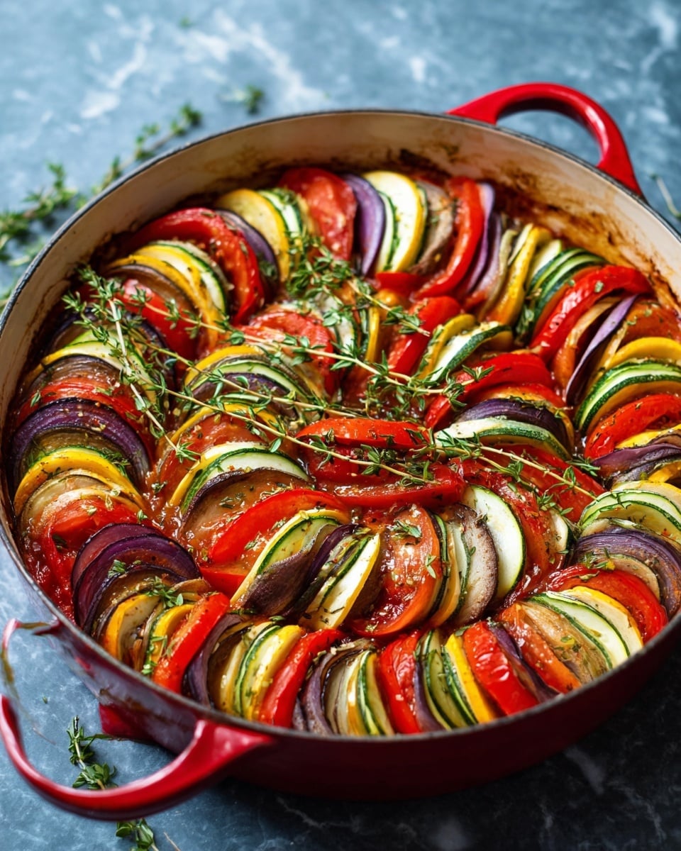 A round red pan filled with a colorful ratatouille arranged in a circular pattern, with many thin layers of sliced vegetables including green zucchini, light purple eggplant, red and yellow bell peppers, red tomatoes, and purple onions. The vegetables are placed closely together, creating alternating rings of bright red, green, yellow, and purple colors with a texture that looks soft and cooked. Fresh green thyme sprigs are placed on top as garnish. The pan sits on a blue surface but the background is changed to a white marbled texture. Photo taken with an iphone --ar 4:5 --v 7