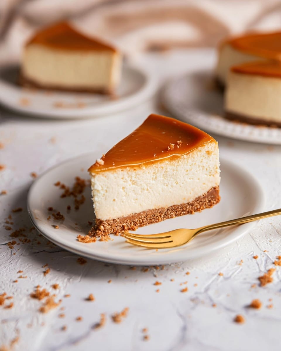 A round dessert with three clear layers sits on a white round plate on a white marbled surface with some crumbs around. The bottom layer is dark brown and looks firm, the middle layer is light beige and creamy, and the top layer is a smooth caramel-colored sauce that drips down the edges with small white salt flakes scattered on top. The background is soft beige. photo taken with an iphone --ar 4:5 --v 7
