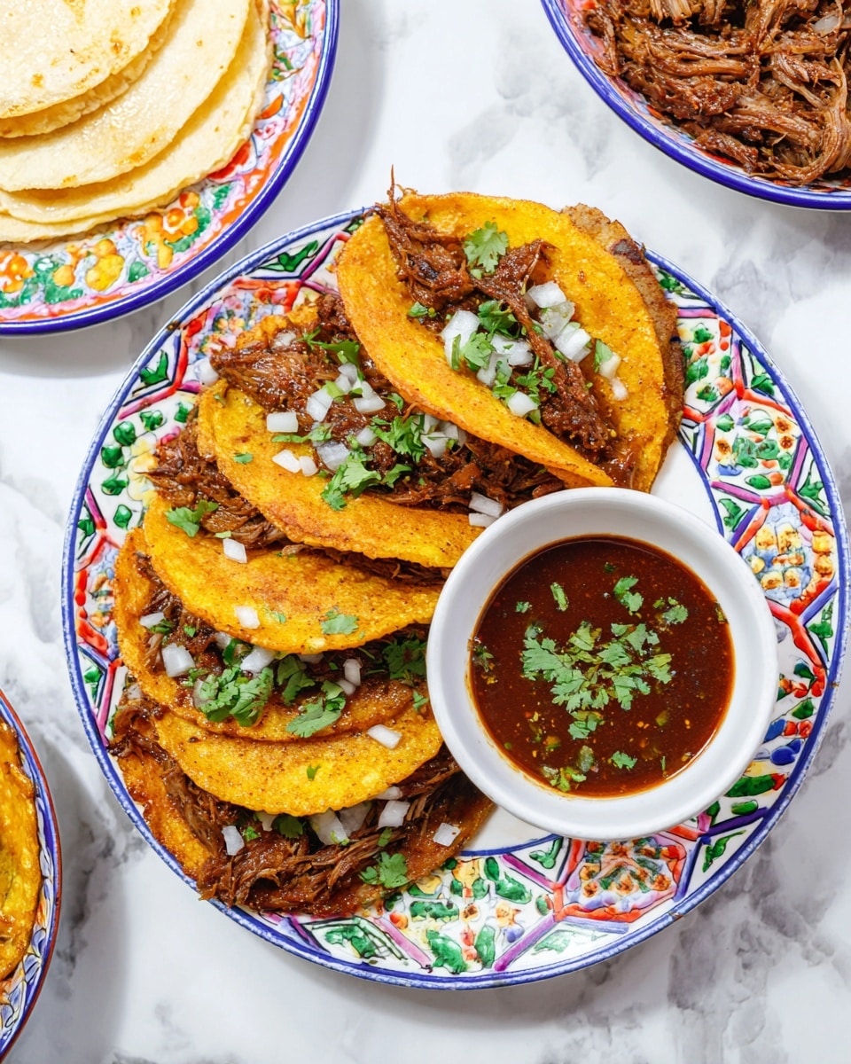 The image shows a close-up of five folded tacos arranged in a row on a white plate with a colorful blue, red, and yellow patterned rim. Each taco has a soft, golden-orange tortilla that looks slightly crispy and is filled with rich, shredded dark brown meat and melted yellow cheese. Small pieces of white onion and chopped green herbs are sprinkled over the tacos, with fresh bright green cilantro leaves scattered on and around them. In the top right corner, there is a white bowl with vibrant orange-red dipping sauce. The whole setting is on a white marbled surface. Photo taken with an iphone --ar 4:5 --v 7