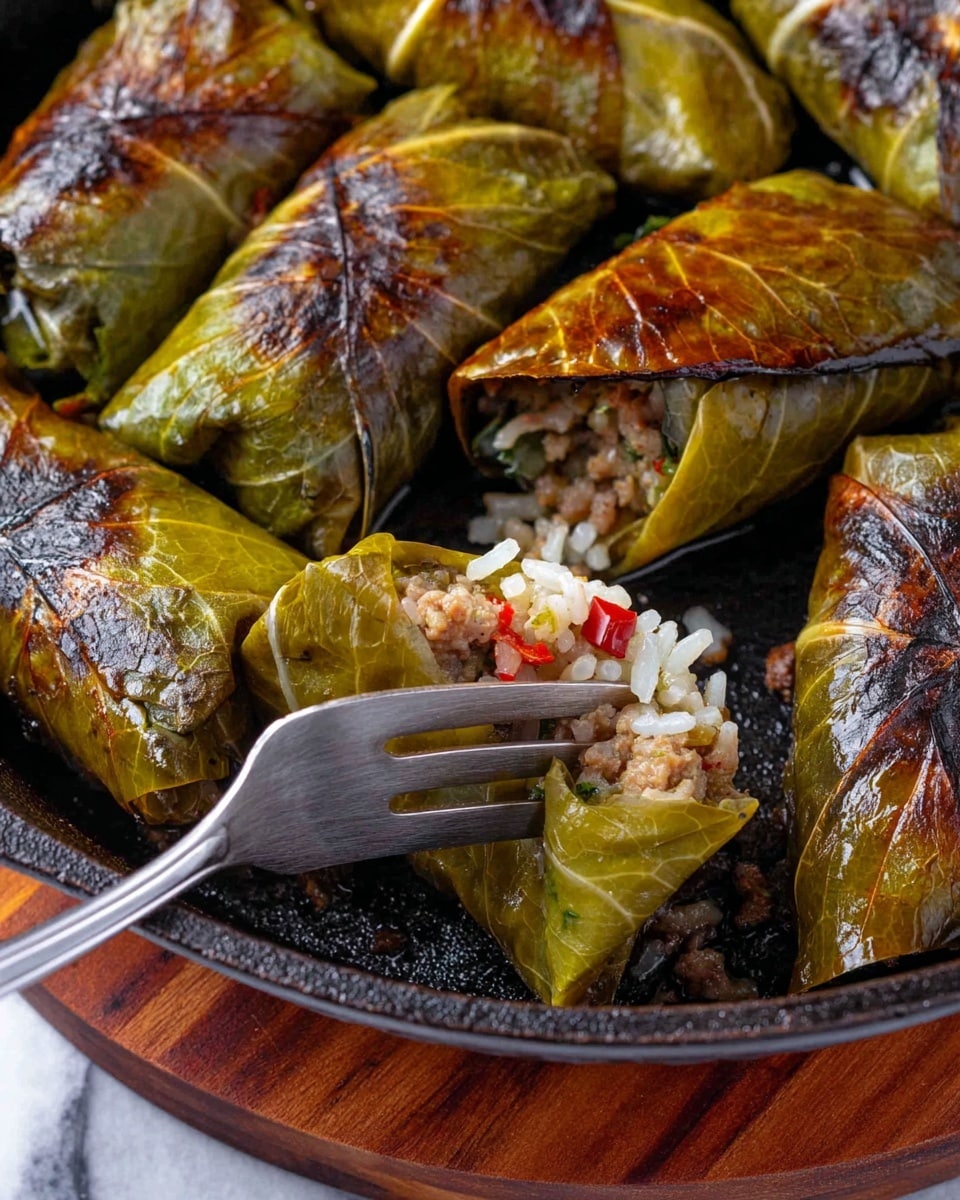 A close-up of a black skillet filled with two layers of golden-yellow stuffed triangular rolls, each with lightly browned, crispy tops and slightly wrinkled textures. The rolls are neatly arranged in overlapping rows inside the skillet. A silver fork is lifting one triangular piece, showing the filling inside that includes white rice mixed with small bits of meat and red pepper pieces. The skillet sits on a wooden board, all placed on a white marbled surface with a blue and white striped cloth partially visible. photo taken with an iphone --ar 4:5 --v 7