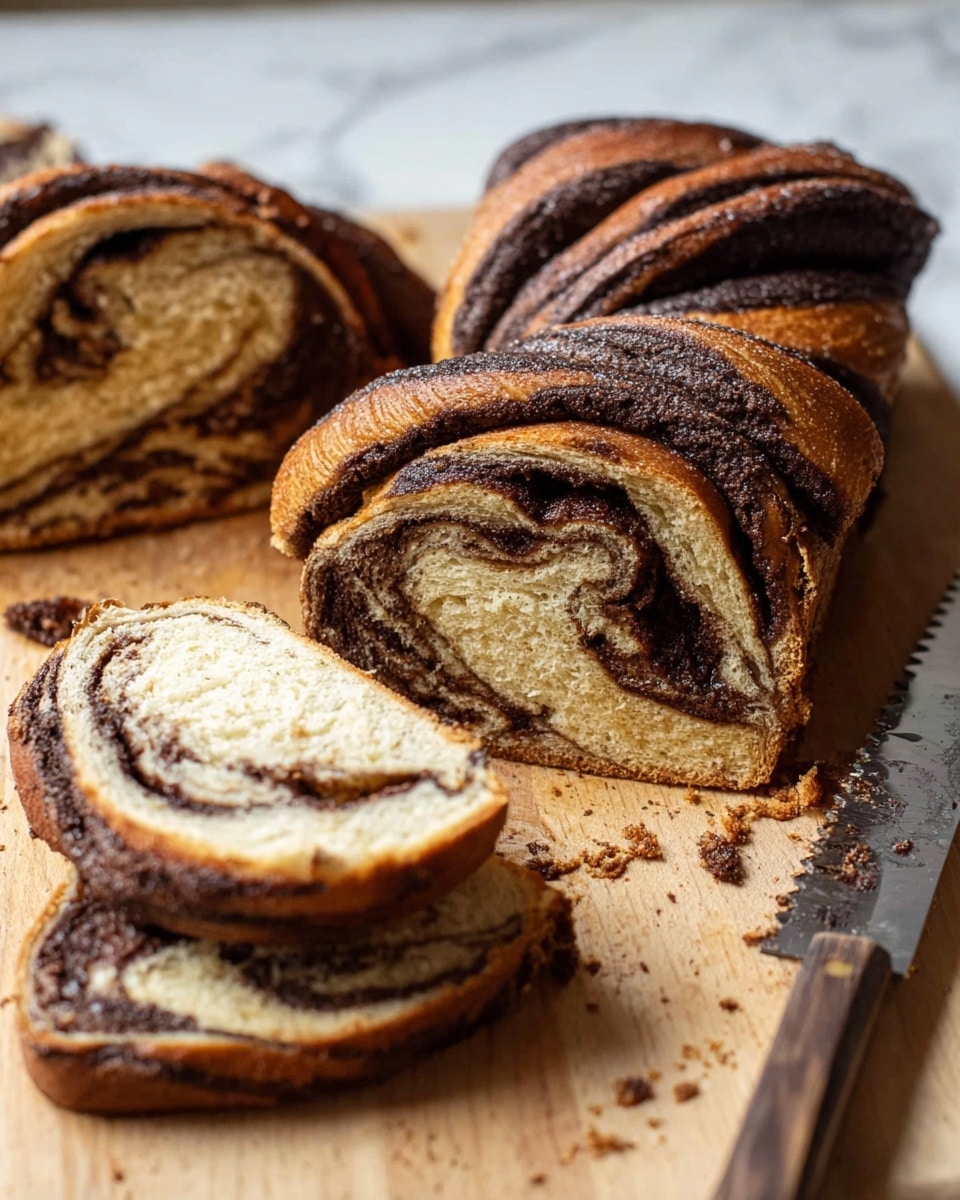 Two dark brown babka loaves baked in metal rectangular pans are shown from above. Each loaf has a twisted shape with several visible loops and folds, creating layers of rich, dark chocolate filling mixed with golden brown bread. The shiny surface suggests a glaze applied after baking, highlighting the swirls and baked texture. The pans sit side by side on a wooden cutting board with a white marbled surface visible around the edges. photo taken with an iphone --ar 4:5 --v 7