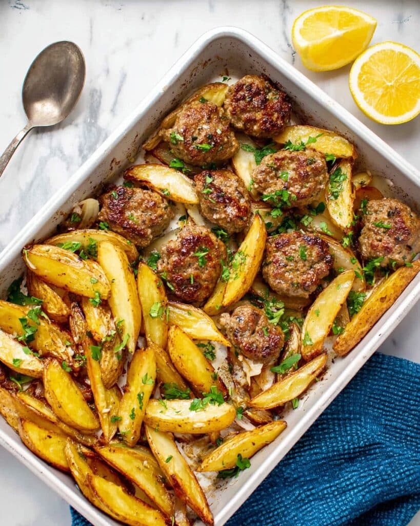 Sheet Pan Biftekia with Lemony Potato Wedges Recipe