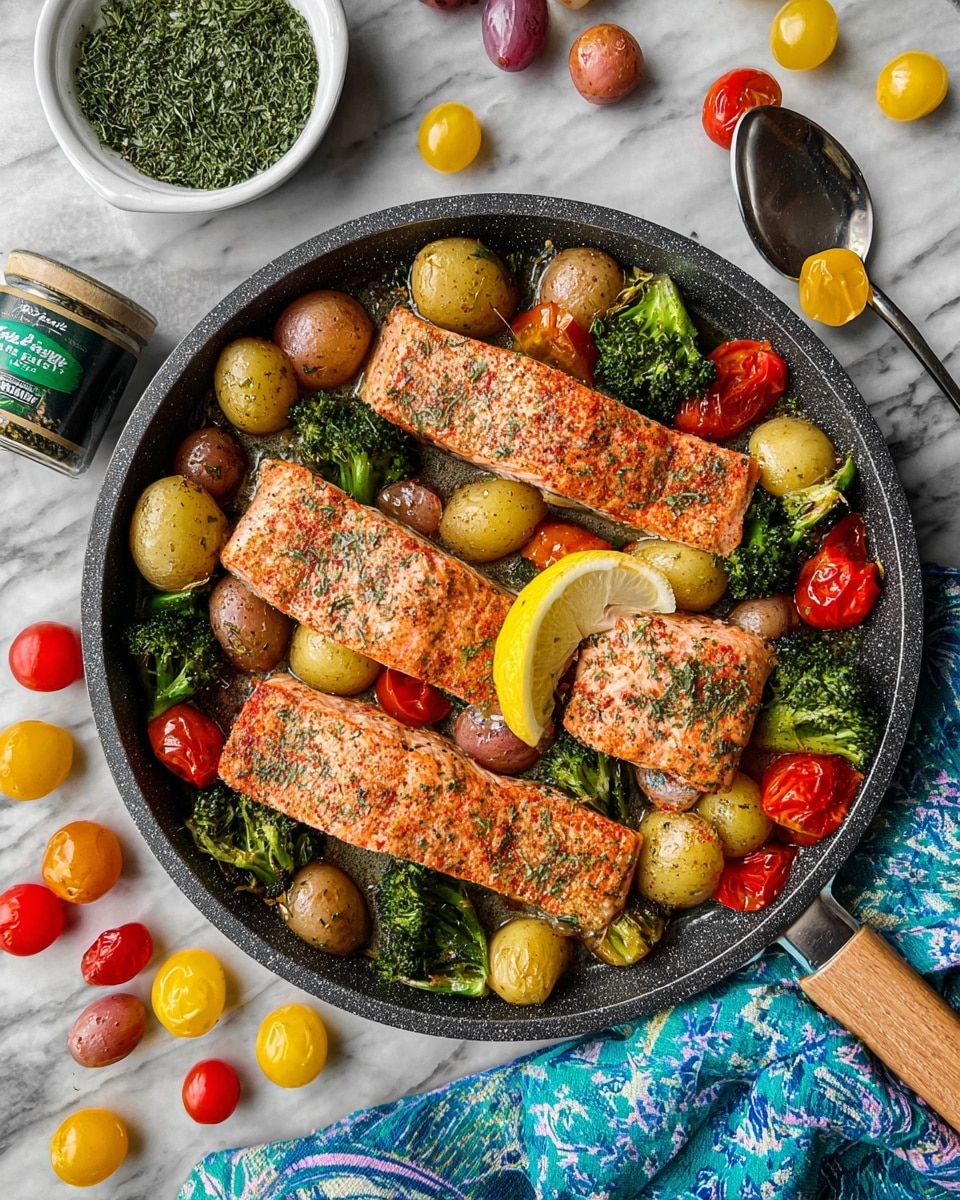 The image shows four large, cooked salmon fillets with pink-orange flesh and black pepper seasoning spread over the top, placed on a cooking tray. Surrounding the salmon are small whole potatoes in light yellow and red colors, roasted cherry tomatoes in red and orange shades, and bright green broccoli florets. A half lemon with a pale yellow color is placed in the bottom left corner, adding a fresh touch. All the food items are glazed with a light layer of oil, giving a shiny texture, and the background is a white marbled texture. photo taken with an iphone --ar 4:5 --v 7