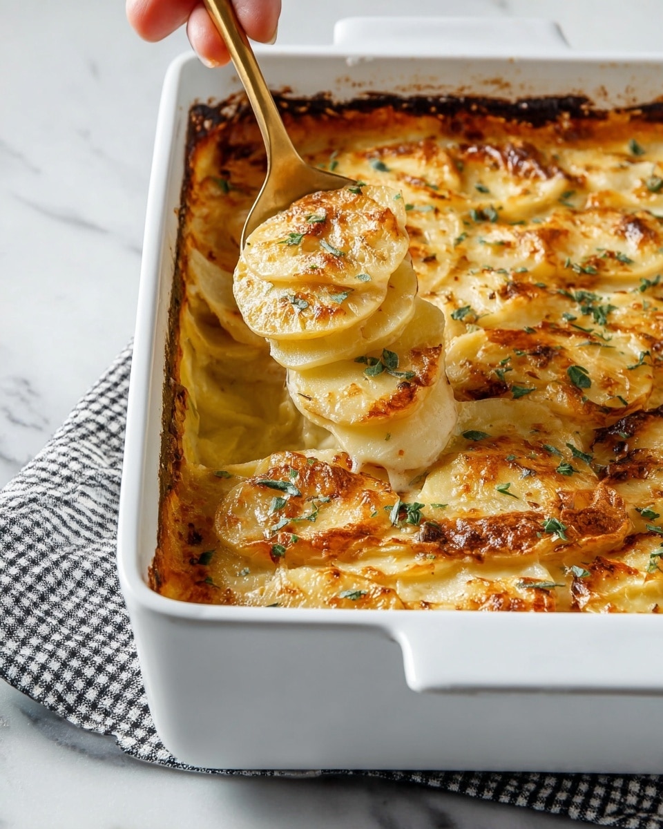 A white rectangular baking dish filled with a layered potato casserole that has a browned, bubbly top layer of melted cheese with golden edges and patches of green herbs sprinkled on top. The dish shows thin, overlapping potato slices arranged in layers beneath the cheese, each pale yellow with a creamy texture. A woman's hand is scooping a portion with a golden spoon, lifting several layered potato slices covered in cheesy sauce. The dish is placed on a white marbled surface with a corner of a black-and-white check fabric visible. Photo taken with an iphone --ar 4:5 --v 7