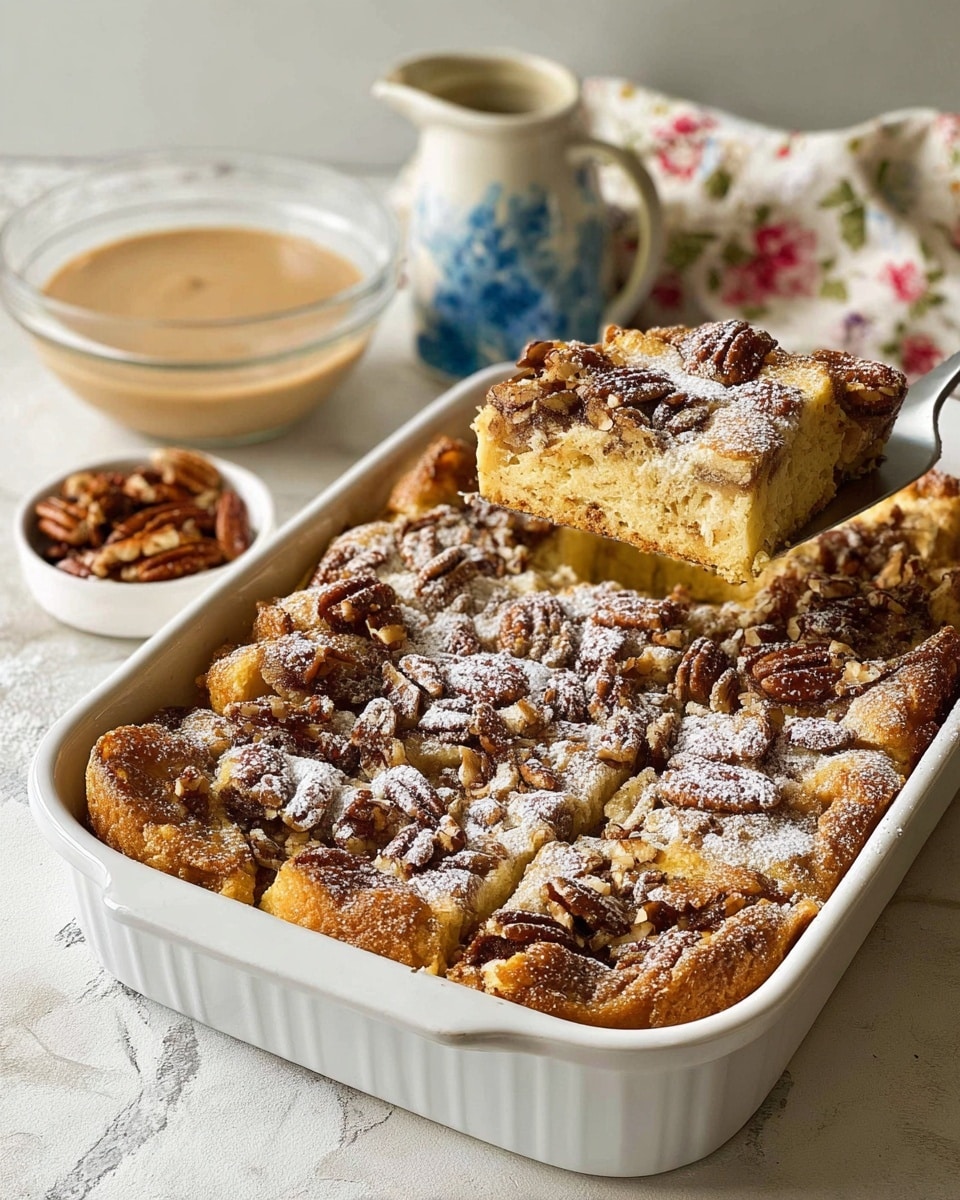 A baked dessert in a white oval dish with two handles is shown on a white marbled surface. The dish contains a golden brown baked layer mixed with toasted pecans and chunks of bread, topped with a light dusting of powdered sugar that adds a delicate white contrast. There are visible oats and pecans scattered evenly across the top, giving texture, while the edges are slightly puffed and browned. Next to the dish, on the right side, is a clear glass bowl filled with a whipped cream topping that is light beige with a sprinkle of cinnamon on top. Below the dish, a cloth with floral and striped patterns is partially visible. Photo taken with an iphone --ar 4:5 --v 7