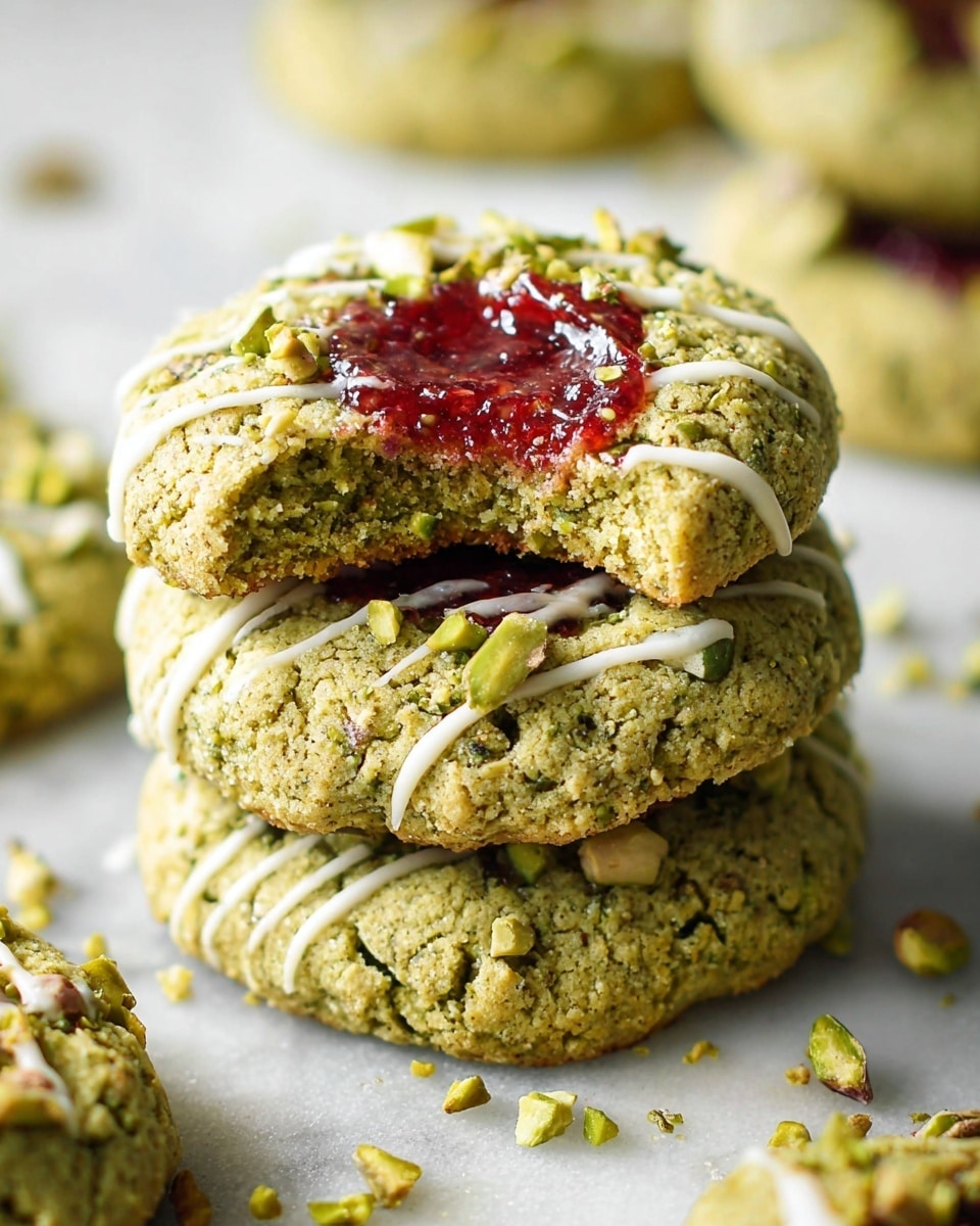 The image shows six round cookies on a baking tray lined with white parchment paper. Each cookie has a light green color with a slightly rough texture, topped with crushed pistachio nuts adding a crunchy layer. In the center of each cookie, there is a glossy red jam filled well into a circular depression. White icing is drizzled over the top, crossing the cookies diagonally in thin lines. The tray is placed on a white marbled surface, and small bits of pistachios are scattered around the cookies. photo taken with an iphone --ar 4:5 --v 7
