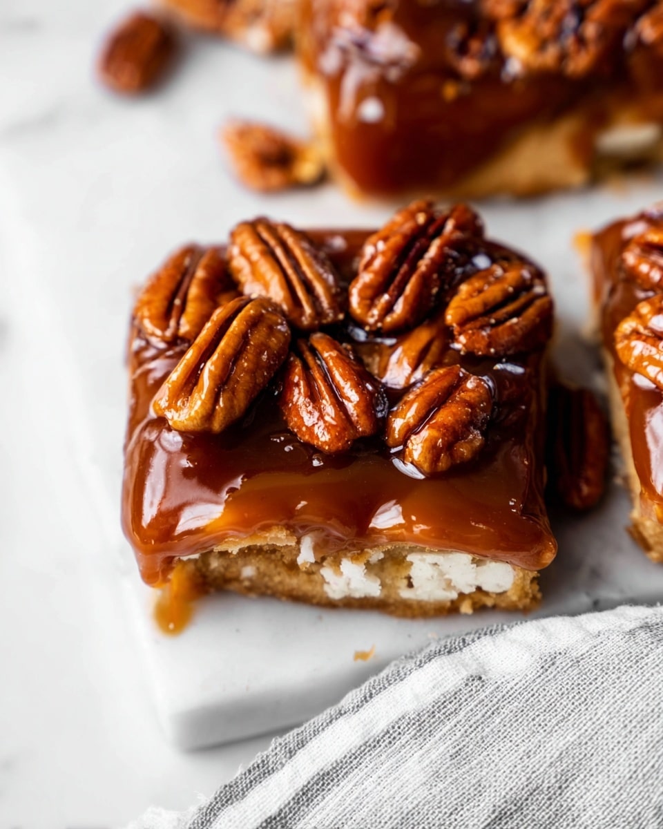 The image shows a close-up view of a cinnamon roll covered with a thick, glossy caramel sauce that is deep brown and shiny. The roll appears to have several spiral layers of soft, light brown dough with visible specks of cinnamon inside. On top of the caramel sauce, there are whole and halved pecan nuts that add a rich texture and warm brown color. The cinnamon roll is placed on a white marbled surface, and part of the roll has been separated to show the inner layers clearly. Nearby, a gray and white striped cloth is partially visible. photo taken with an iphone --ar 4:5 --v 7