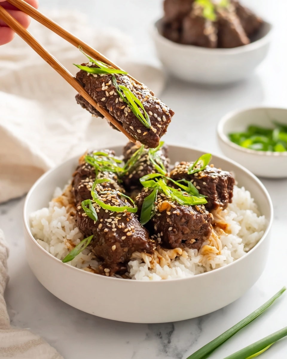 A white bowl filled with white rice as the base layer, topped with five neat rolls of dark brown cooked beef wrapped around light brown enoki mushrooms. Each roll is sprinkled with small white sesame seeds and slices of fresh green onions, adding a pop of green. One roll is held above the bowl by a pair of light brown chopsticks held by a woman's hand, showing the texture of the mushrooms and beef clearly. In the background, there is a small white bowl with green onions and another white bowl with more of the beef rolls, all set on a white marbled surface with soft natural light. Photo taken with an iphone --ar 4:5 --v 7