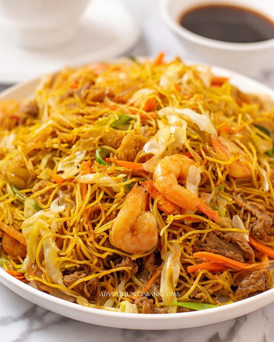 The image shows a white pan filled with a large amount of thin noodles mixed with several shrimp, thin orange carrot strips, and light brown pieces of meat or tofu. The noodles are golden brown with a slightly oily texture, and the shrimp are pinkish-orange with a firm, slightly shiny surface. There are small pieces of light yellow cabbage and thin green vegetable strips scattered throughout, adding more color and texture. The sides of the pan have some orange sauce smudges, indicating the dish was stirred well. The scene is set on a white marbled surface. photo taken with an iphone --ar 4:5 --v 7