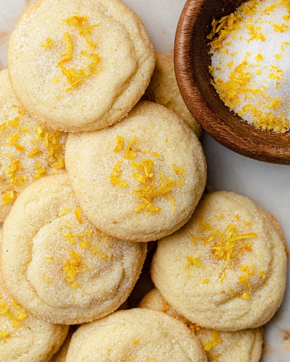 A close-up view of a pile of soft, round cookies, each topped with a light dusting of granulated sugar and small, scattered pieces of bright yellow zest. The cookies have a pale golden color with a slightly rough texture and gently raised edges. To the upper right, a wooden bowl filled with granulated sugar mixed with more yellow zest is partly visible, sitting on a white marbled surface. The overall look is fresh and inviting. photo taken with an iphone --ar 4:5 --v 7