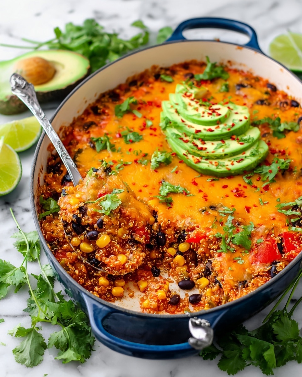 A white casserole dish with blue handles holds a layered baked quinoa meal. The bottom layer is a mix of quinoa, black beans, corn, and diced red bell peppers, creating a colorful and textured base. On top, melted orange cheese partly covers the layers, sprinkled with fresh green cilantro leaves. Bright green lime wedges sit on the top edge, while a fan of sliced avocado, sprinkled with red chili flakes, rests on one side. A silver spoon scoops a portion from the corner, showing the mix’s thick and hearty texture. The dish is placed on a white marbled surface, surrounded by scattered cilantro leaves and a halved avocado in the background. Photo taken with an iphone --ar 4:5 --v 7