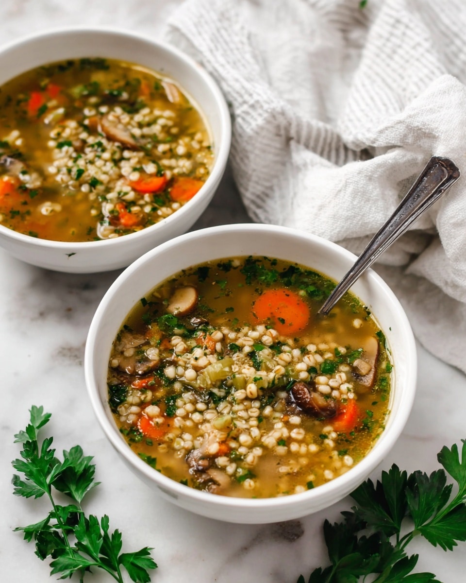 Two white bowls filled with a clear broth soup with small round barley grains, orange carrot slices, green herbs, and pieces of mushroom. The soup looks warm and fresh, with visible herbs floating on top. One bowl is closer, showing more details of the mixed ingredients, and has a silver spoon resting inside. Around the bowls, there are fresh green parsley leaves scattered and soft white cloths with gray stripes on a white marbled surface. The light is natural and soft, highlighting the colors of the soup and the fresh herbs photo taken with an iphone --ar 4:5 --v 7