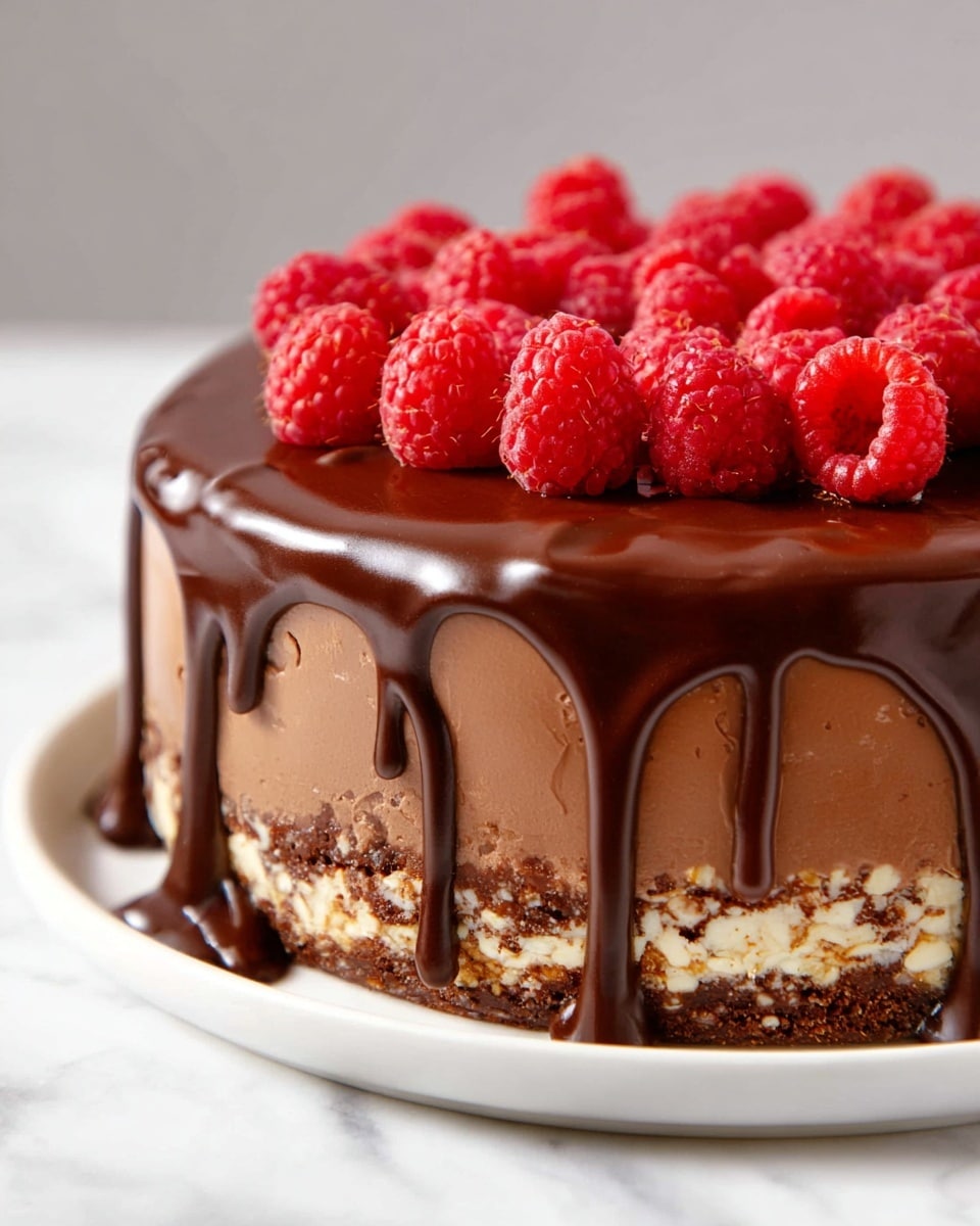 A round, three-layer chocolate cake sits on a white marbled surface on a white plate. The bottom layer is a crunchy, nutty base with a mix of light and dark brown bits. The middle layer is thick and smooth milk chocolate with a creamy texture. The top layer has dark chocolate dripped unevenly over it, creating a shiny, rich glaze that runs down the sides in long streaks. Bright red raspberries are placed randomly on top, adding a fresh pop of color against the dark chocolate. Photo taken with an iphone --ar 4:5 --v 7