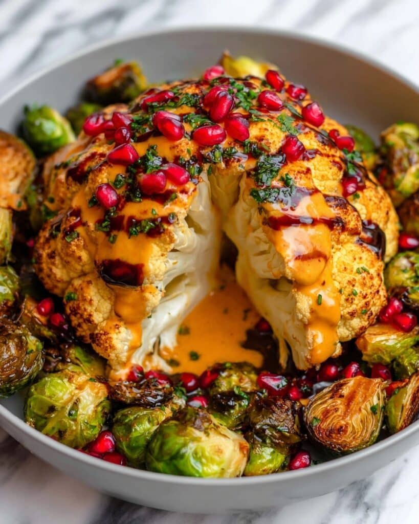 Vegan Whole Roasted Cauliflower with Spicy Tahini and Pomegranate Recipe