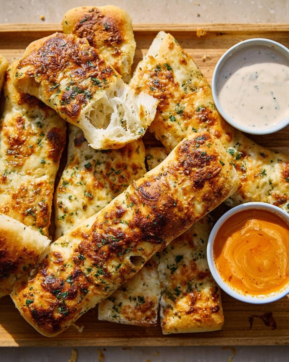 Six golden-brown breadsticks rest on a black baking tray lined with parchment paper, showing a slightly rough and crispy texture. Each breadstick is topped with melted cheese that browned in spots and sprinkled with green herbs, giving a rustic look. The tray sits on a white marbled surface that adds a clean and bright contrast. The breadsticks appear soft inside with a well-cooked outer layer and have small bubbles and cracks over their surface, arranged in two rows of three. photo taken with an iphone --ar 4:5 --v 7