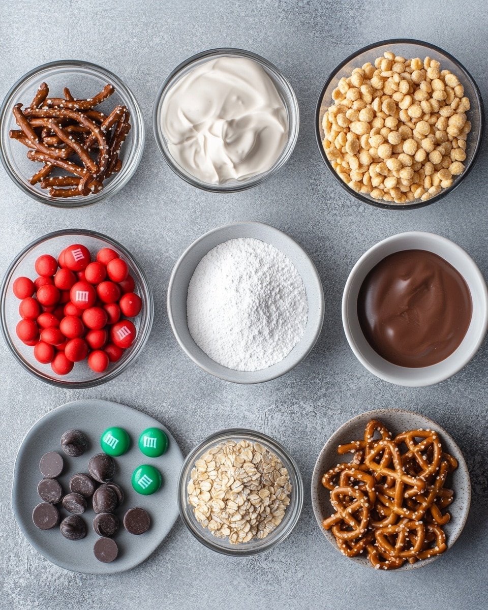 A large white plate filled with a mix of small square cereal pieces covered in white powdered sugar, scattered with small red, green, and dark red round candies, and topped with mini chocolate peanut butter cup candies. Around the plate on the white marbled surface, there are small pretzels and more of the colorful round candies. A soft pink and white checkered cloth is partly visible under the plate. The mix looks crunchy with different textures from the powdered sugar, smooth candies, and chocolate pieces photo taken with an iphone --ar 4:5 --v 7