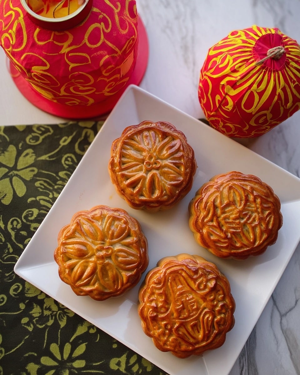 Four round mooncakes with detailed patterns on top are placed on a white square plate. Each mooncake has a golden brown color with some darker baked spots, showing a shiny and smooth texture. The patterns on the mooncakes are floral and geometric, with raised designs that give a 3D look. The plate sits on a white marbled surface, and part of a woman's hand can be seen holding a yellow and red patterned cloth on the left side. photo taken with an iphone --ar 4:5 --v 7