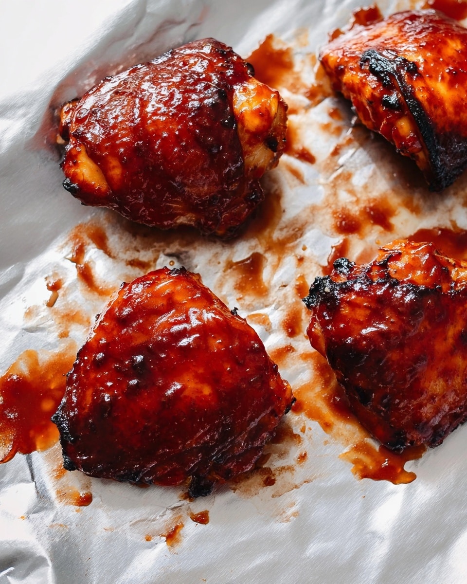 The image shows several pieces of cooked chicken thighs with a rich, dark red barbecue sauce coating, giving them a shiny and slightly sticky look with some areas darker and charred for texture. The chicken pieces are placed directly on a baking tray lined with white parchment paper, which has splashes and spots of sauce and slight burn marks around the edges. The overall scene is close up, showing the juicy and glazed surface of the chicken. The background is a white marbled texture. photo taken with an iphone --ar 4:5 --v 7