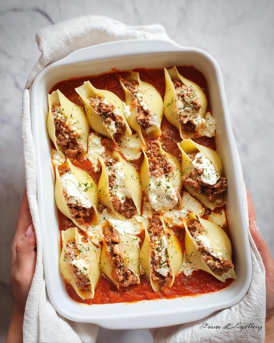 The image shows a white baking tray filled with large pasta shells arranged in three rows. Each shell is stuffed with a dark brown meat mixture on top of a red tomato sauce layer that coats the bottom of the tray. There are small patches of white creamy cheese mixed with the meat filling inside the shells. The shells have a soft, pale yellow color and are sprinkled with green herbs on top for garnish. Two woman's hands in white cloth oven mitts are holding the tray from both sides against a white marbled background. photo taken with an iphone --ar 4:5 --v 7