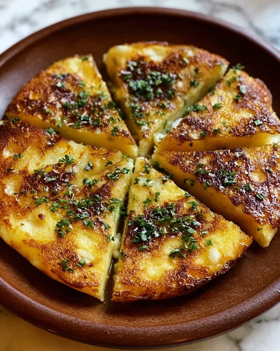 A round dish shows a golden brown potato pie with a crispy top layer that has small burnt spots, scattered with bits of chopped green herbs. The pie is cut into four thick slices, with one slice slightly pulled out, revealing a soft, creamy, and slightly yellow inner layer made of thin potato slices. The pie sits on a white plate placed on a white marbled surface, with a blurred background containing a white cup. Photo taken with an iphone --ar 4:5 --v 7