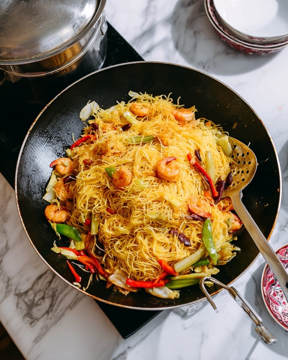 A white plate filled with three layers of thin yellow noodles mixed with pieces of cooked shrimp, green onion stalks, small strips of orange carrot, dark brown mushroom slices, and whole dried red chili peppers scattered throughout; the noodles have a shiny, slightly oily texture, and the vegetables and shrimp are evenly spread, creating a colorful and appetizing mix. The plate is set on a white marbled surface with a woven placemat and two sealed chopstick wrappers beside it. Photo taken with an iphone --ar 4:5 --v 7