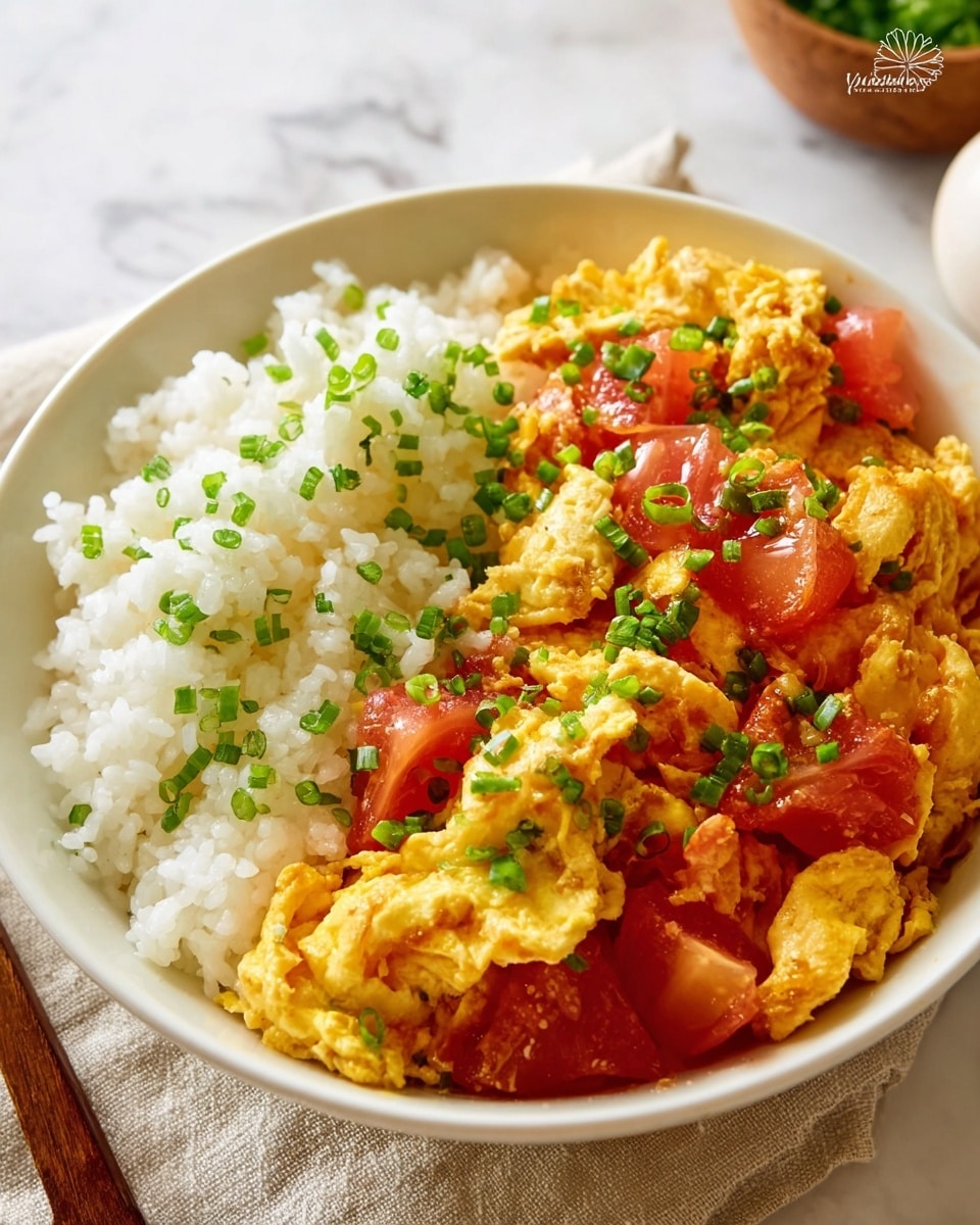 A white bowl is filled with two main layers: on the right side, there is a thick layer of cooked white rice with a soft texture, and on the left side, there is a mix of scrambled eggs and cooked tomato chunks, showing bright yellow and vibrant red colors. The eggs have a fluffy and slightly soft texture mixed closely with juicy tomato pieces. The dish is topped with chopped green onions scattered evenly over the egg and tomato layer. The bowl sits on a light beige cloth on a wooden table, with a shiny gold spoon slightly visible in the background, and a green leafy plant in the upper left corner on a white marbled surface. photo taken with an iphone --ar 4:5 --v 7
