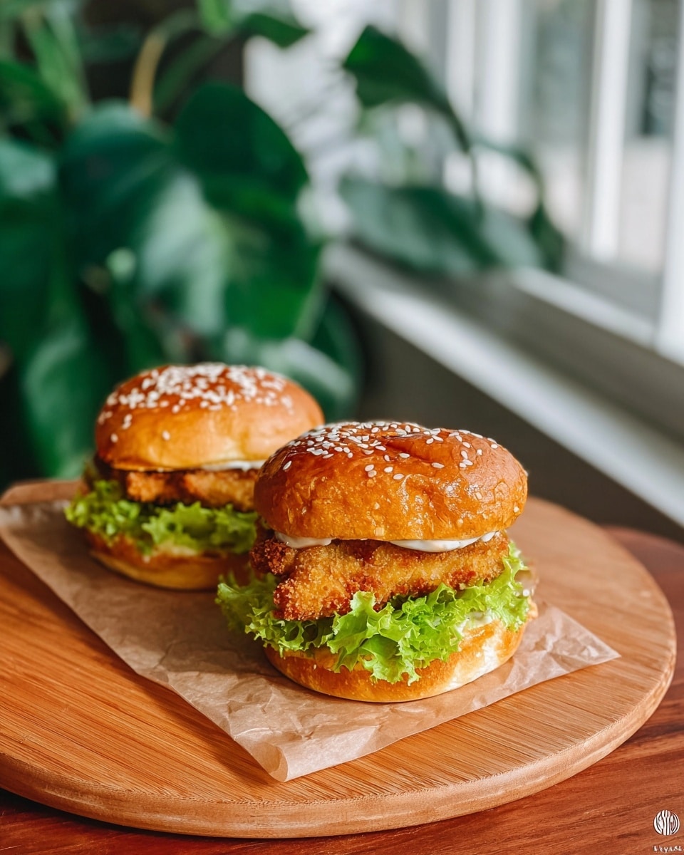 The image shows three fried chicken sandwiches placed on a wooden board with a brown paper sheet underneath. Each sandwich has four layers: a shiny sesame seed-covered golden brown top bun, a crispy and textured fried chicken piece with an orange-brown color, fresh bright green leafy lettuce below the chicken, and a soft light brown bottom bun. The sandwiches are arranged in a triangular shape with the one in the front being the most in focus. The background includes blurred green leaves and a white marbled surface underneath the board is visible. Photo taken with an iphone --ar 4:5 --v 7