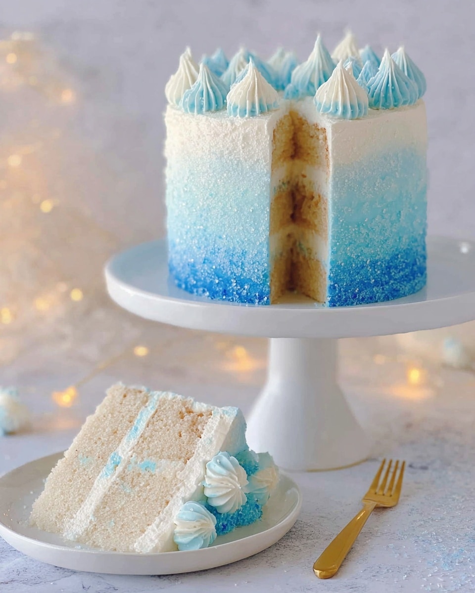 A tall, round cake sits on a white cake stand. The cake is covered in smooth white frosting with a gradient of blue sugar crystals starting thick at the bottom and gradually thinning toward the top. On top of the cake, there are nine evenly spaced peaks of white frosting with blue sugar crystals dusted mostly on their sides. The background and surface are soft and blurry with white marbled texture and small glowing light spots. Photo taken with an iphone --ar 4:5 --v 7