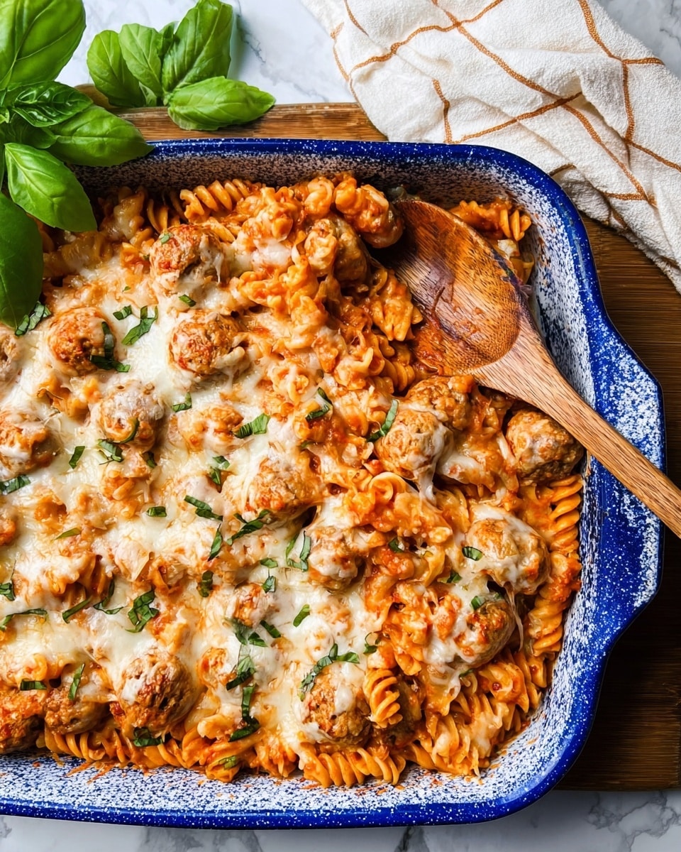 This image shows a blue and white patterned baking dish filled with a baked pasta and meatball casserole. The dish has two main layers; the bottom layer is orange-colored rotini pasta mixed with tomato sauce, and the top layer consists of melted white cheese that stretches lightly over the pasta and small round meatballs. Small green herb leaves are scattered across the top for garnish. A wooden spoon rests inside the dish on the right side. The dish sits on a wooden surface with green herbs near the edges and a soft cream and yellow cloth nearby. Photo taken with an iphone --ar 4:5 --v 7