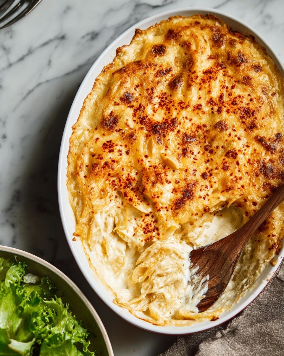 The dish is a baked cheesy casserole served in a white oval ceramic dish with a beaded edge. It has a top layer of melted cheese with a golden brown and slightly crispy texture, sprinkled with some darker toasted spots and shredded cheese strands visible. The surface beneath the cheese shows soft, creamy cooked layers that seem to be noodles or thinly sliced potatoes in a light sauce. The dish sits on a white and navy blue patterned cloth on a dark wooden table next to a white bowl filled with green leafy lettuce and red cherry tomatoes, along with a few light brown dinner rolls partially wrapped in a white linen cloth. A wooden spoon with a brown handle and two silver forks rest nearby, all on a white marbled background. Photo taken with an iphone --ar 4:5 --v 7