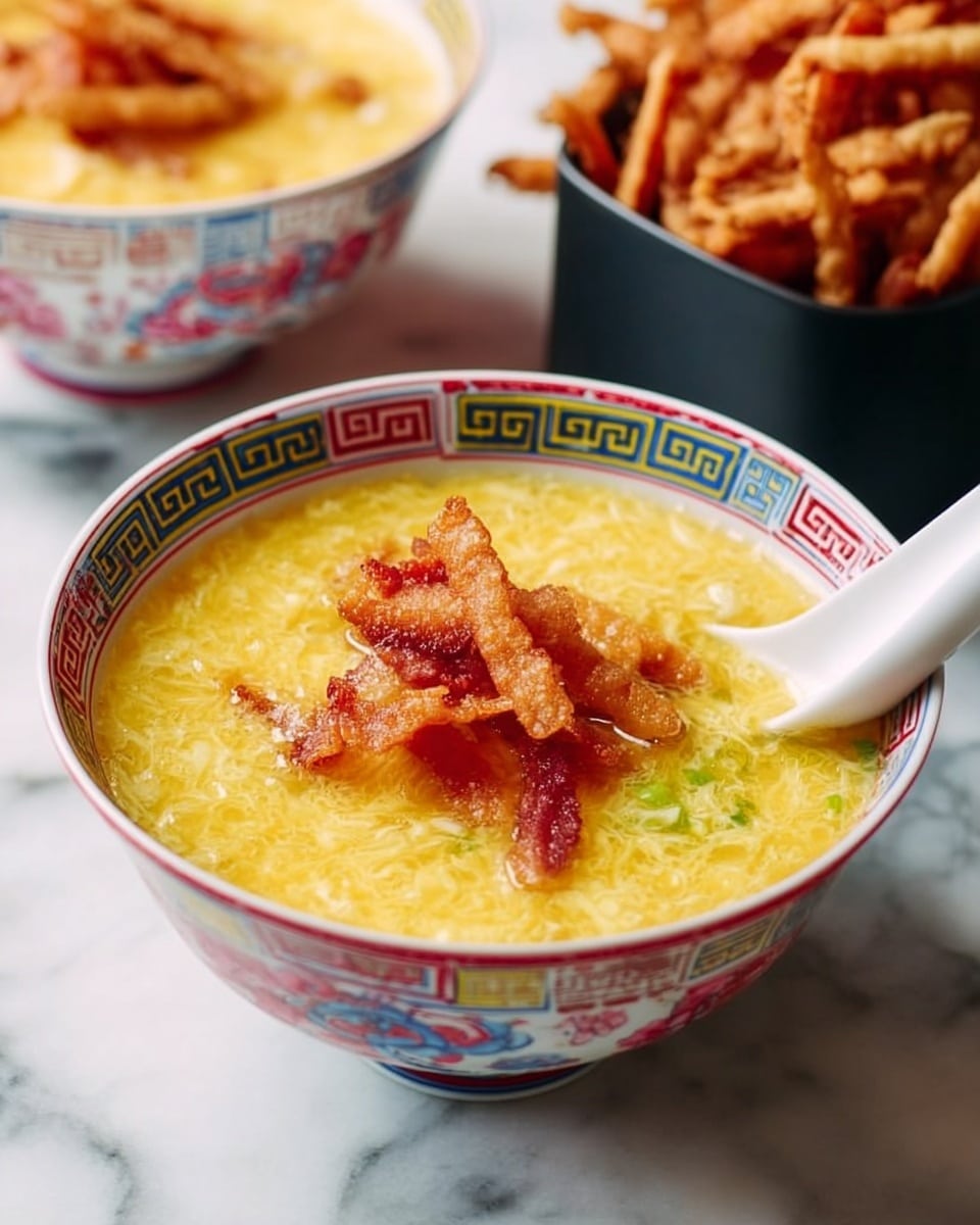 A white bowl with colorful patterns filled with smooth yellow egg drop soup, lightly textured with visible egg strands and garnished with small green onion pieces floating on top. A white soup spoon scoops the soup, showing its slightly thick liquid texture and some green onions on the spoon’s surface. In the background, there is a white bowl with crispy golden fried strips that look crunchy. The setting is on a white marbled surface, giving a clean and bright contrast to the warm colors of the food, photo taken with an iphone --ar 4:5 --v 7