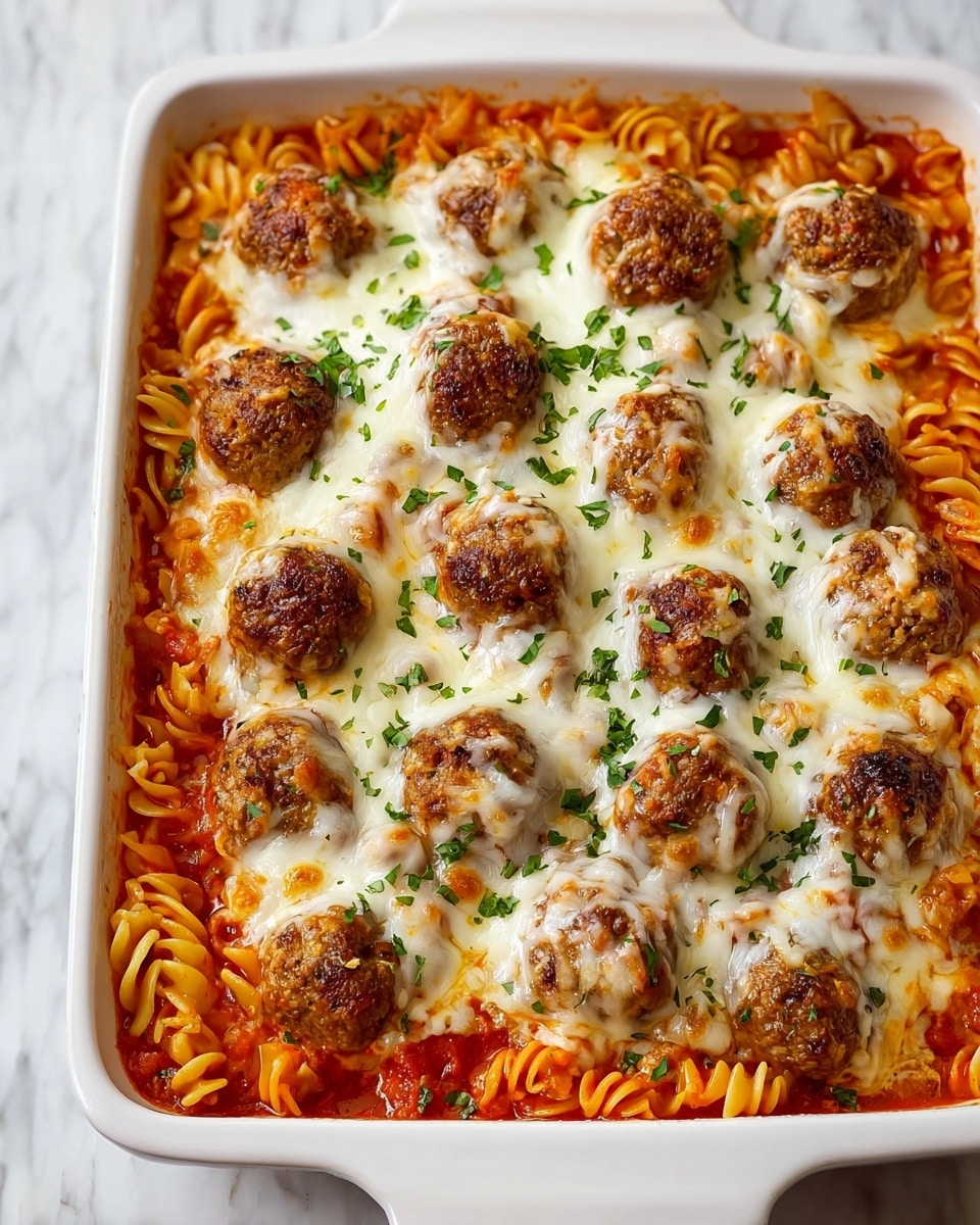 The image shows a white bowl filled with three layers: the bottom layer is spiral pasta coated with a light orange sauce, the middle layer has several browned meatballs with a slightly crispy texture, and the top layer is melted cheese scattered over the meatballs and pasta. Small green herb pieces are sprinkled throughout the dish, adding color contrast. The bowl is placed on a white marbled surface with a copper fork on the right side. In the background, there is a bunch of fresh green herbs and another white bowl partially visible. Photo taken with an iphone --ar 4:5 --v 7
