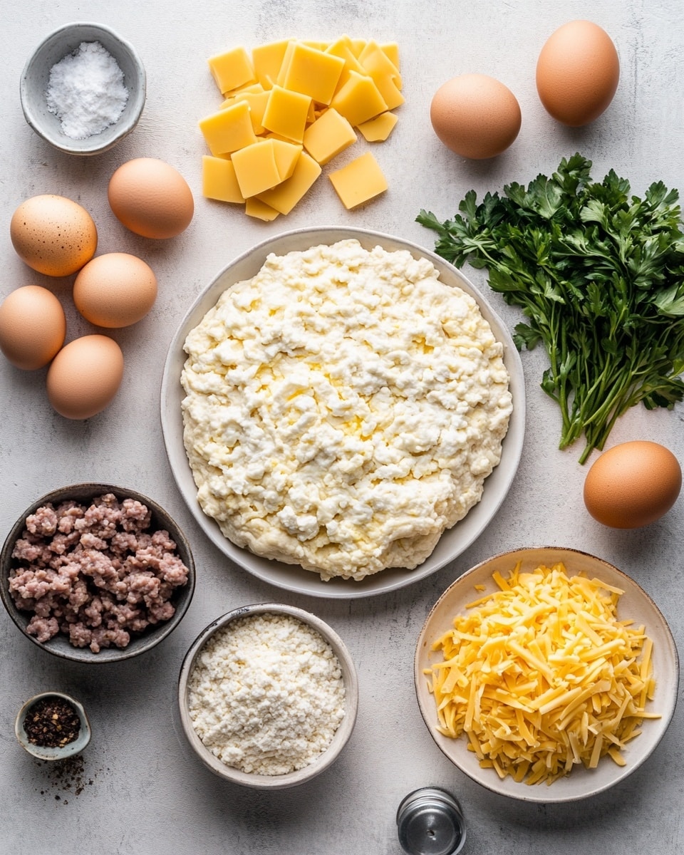 The image shows a close-up of a sliced savory pastry with a golden brown crust. The top layer is a crispy baked dough with a slightly rough texture and a few darker browned spots. Inside, there are two main layers: a yellow egg layer surrounding a middle layer of cooked sausage pieces mixed with melted bright orange cheese that is stretching out in thin strings as the slice is lifted. The pastry rests on a blurred white marbled surface. Photo taken with an iphone --ar 4:5 --v 7