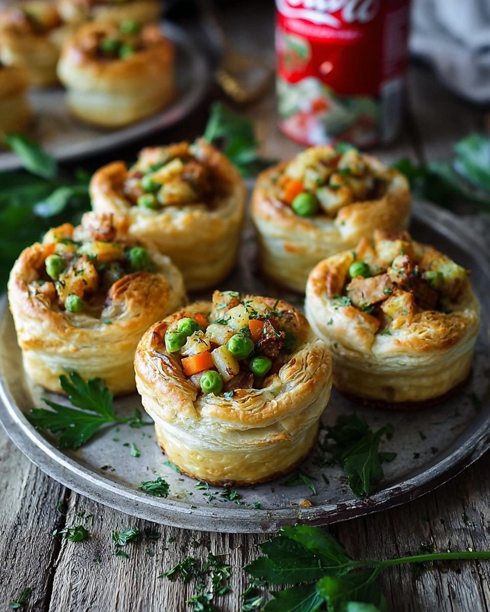 The image shows a white plate with eight round puff pastry shells arranged in two rows, each filled with a mix of golden-brown potatoes and bright green peas, creating a colorful contrast. The puff pastry shells are thick and layered, with a crisp and flaky texture visible on the sides. The filling appears to be sautéed with small bits of herbs or spices, adding texture and color to the top. The plate is set on a white marbled surface, with sprigs of fresh green cilantro scattered around for decoration. In the background, there is a six-pack of Coca-Cola bottles featuring a holiday design and a couple of Diet Coke glass bottles, adding a festive feel to the scene. Photo taken with an iphone --ar 4:5 --v 7