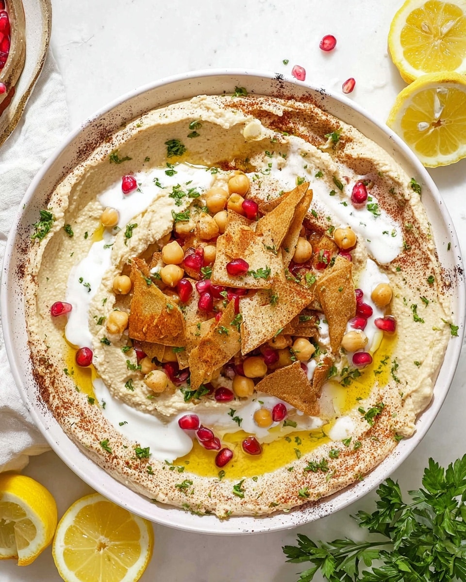 A round white plate holds a dish with four layers. The bottom layer is a smooth beige hummus spread evenly across the plate's surface, with a drizzle of golden olive oil on top. The second layer consists of whole light brown chickpeas and crispy golden brown pita chips scattered over the hummus. The third layer is a creamy white sauce spread thickly over the pita chips, sprinkled with small toasted pine nuts, green chopped herbs, and bright red pomegranate seeds. The plate sits on a white marbled surface, surrounded by lemon halves, a silver spoon, loose chickpeas, and fresh green parsley. Photo taken with an iphone --ar 4:5 --v 7