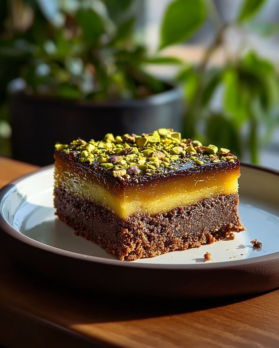 The image shows a square dessert bar with two clear layers on a white plate. The bottom layer is dark brown and looks dense, while the top layer is yellow and smooth. The dessert is topped with chopped green pistachios, adding texture and color contrast. Some pistachio pieces are scattered on the plate around the dessert. The background has a soft focus with green leaves, and the plate sits on a white marbled surface. A fork rests near the dessert on the plate. photo taken with an iphone --ar 4:5 --v 7