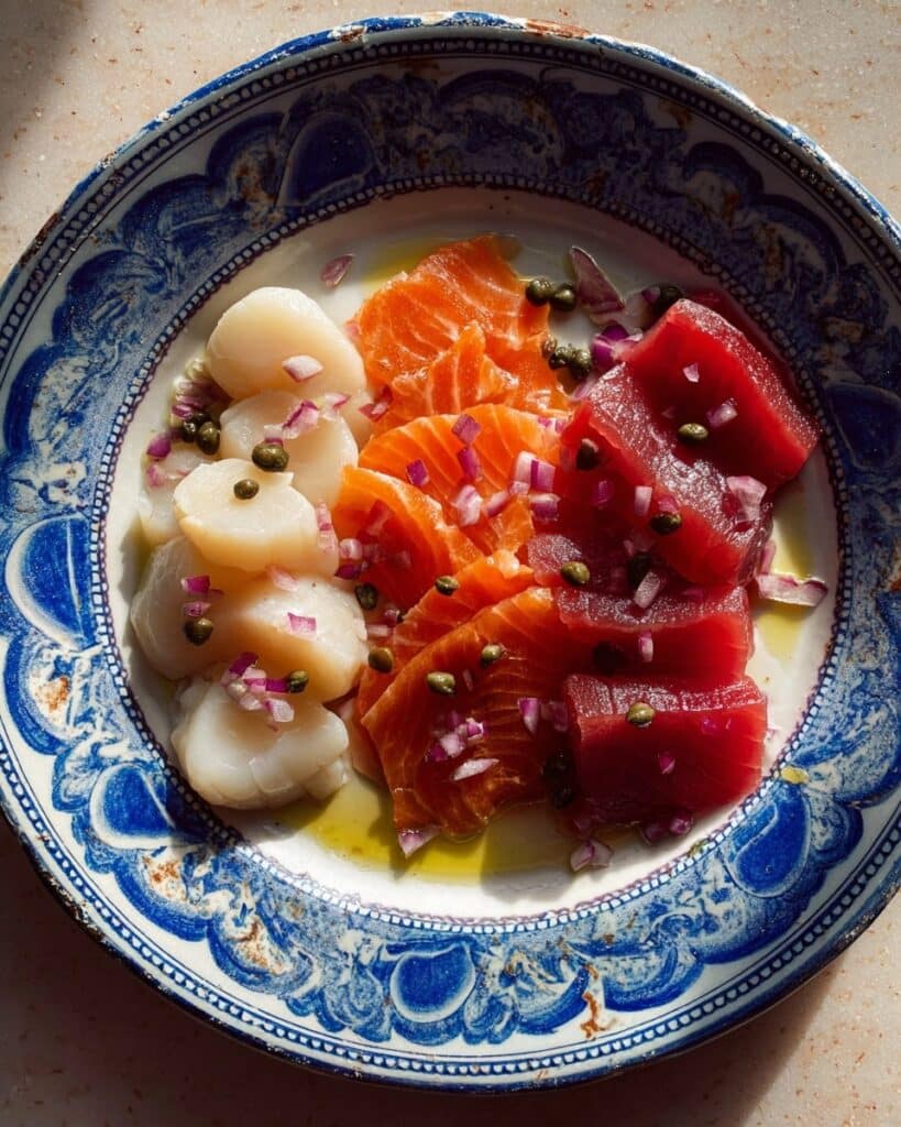 Sicilian Sashimi with Tuna, Salmon, and Sea Scallops Recipe