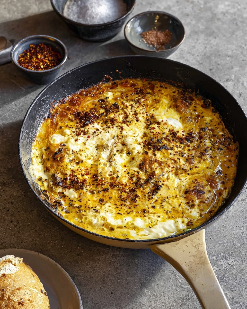 A close-up of a cooked dish in a black pan filled with multiple layers: the top layer is melted orange-yellow cheese sprinkled with small green chives and red pepper flakes. Below the cheese, there is a thick, rich red tomato sauce mixed with chunks of food, visible in the spoon that is lifting a portion from the pan. The spoon shows a cross-section of the layers: the orange cheese, white creamy parts, and chunky tomato sauce. The background has a white marbled texture, and the colors are warm and inviting, showing a mix of smooth and chunky textures. Photo taken with an iphone --ar 4:5 --v 7