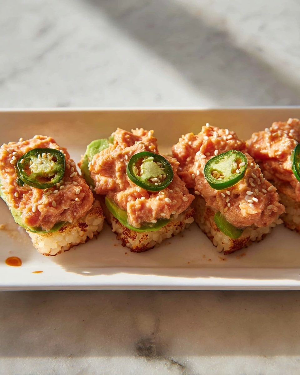 The image shows five square pieces of crispy golden brown rice base arranged on a white rectangular plate over a white marbled surface. Each rice square has a thin layer of bright green cucumber slice on top, followed by a chunky orange-red mixture of diced raw salmon mixed with sauce. The salmon mixture is garnished with a single thin green jalapeño slice and white sesame seeds. The overall look is vibrant and fresh with a mix of crunchy and soft textures, focused closely in the front with a soft blurred background. Photo taken with an iphone --ar 4:5 --v 7