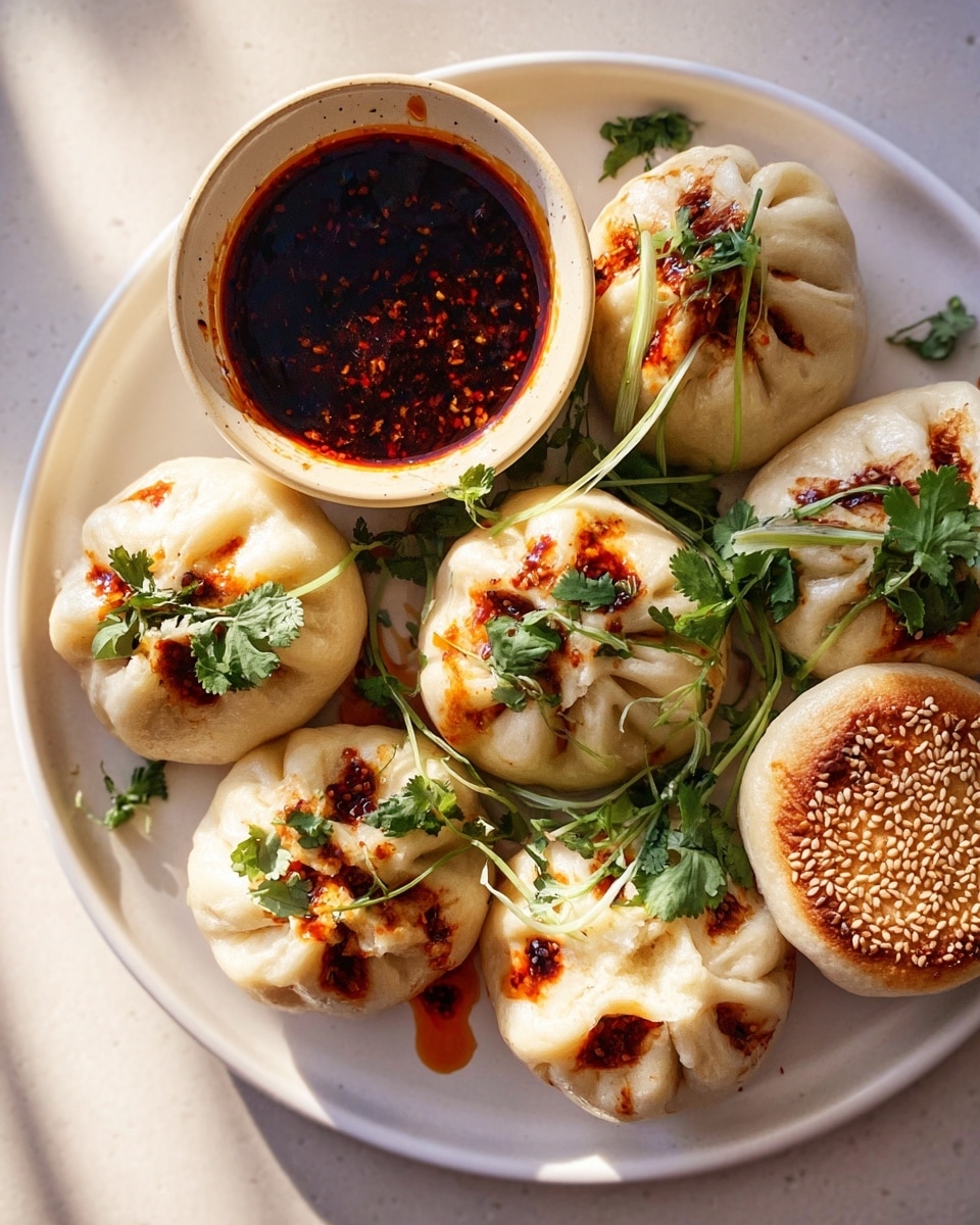 A close-up of a pair of woman's hands holding a steamed bun torn in half to show inside. The bun is soft white with a slightly wrinkled texture and filled with shredded orange-brown filling mixed with some sauce. The torn edges are fluffy and thick. In the background, there is a white bowl with more steamed buns, each round and pinched at the top with light green garnish strands scattered on or near them. The whole scene is set on a white marbled surface. Photo taken with an iphone --ar 4:5 --v 7