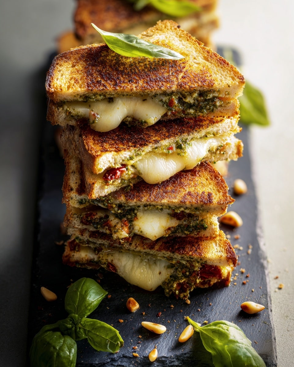A close-up view of a toasted sandwich held by a woman's hand, showing three layers: a golden-brown crispy top slice of bread, a middle layer of melted white cheese stretching and dripping, and a green pesto sauce mixed with small red sun-dried tomato pieces. The sandwich is being dipped into a bowl filled with smooth orange tomato soup, garnished with small green herbs. The bowl is white and placed on a white marbled surface. photo taken with an iphone --ar 4:5 --v 7